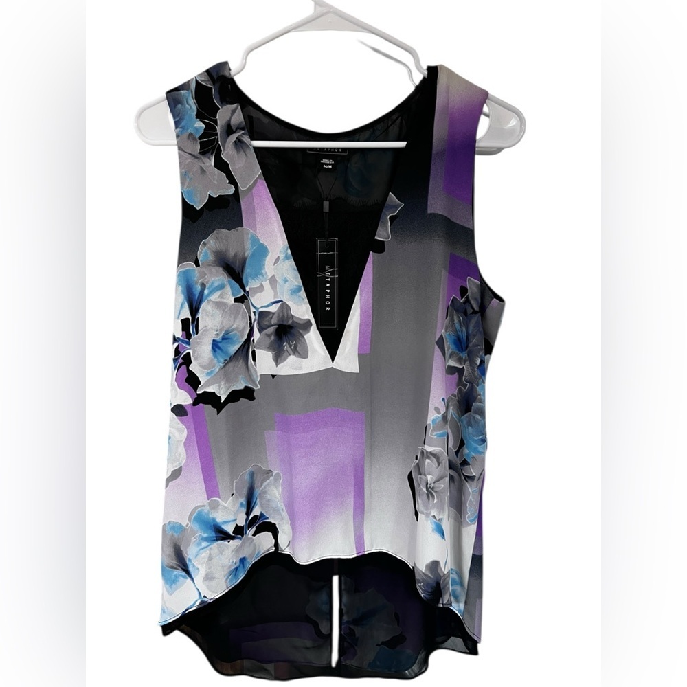 NWT Metaphor Sleeveless Floral V-Neck Top in Black, Purple & Blue